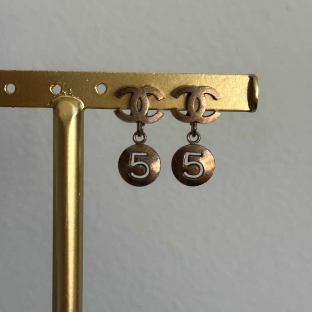 CHANEL Gold CC Earrings with Number 5 Charm